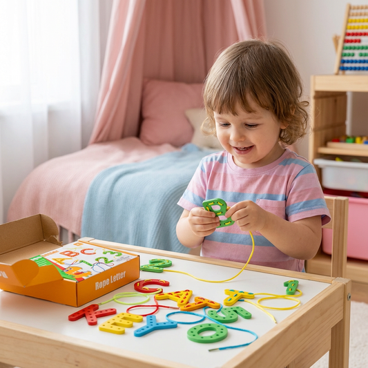Buchstaben Zahlen und Farben Fädel-Lernspiel aus Holz