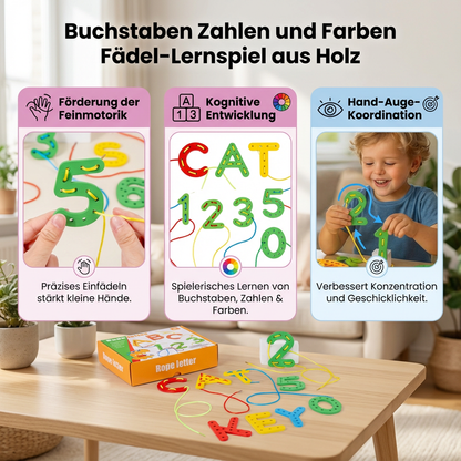Buchstaben Zahlen und Farben Fädel-Lernspiel aus Holz