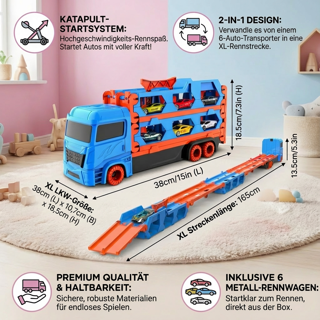 Auto Spieltruck mit Faltbarer Katapult Rennstrecke