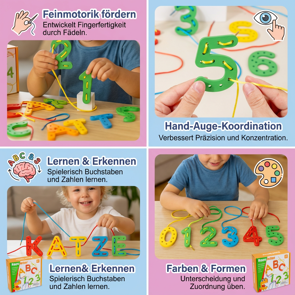 Buchstaben Zahlen und Farben Fädel-Lernspiel aus Holz