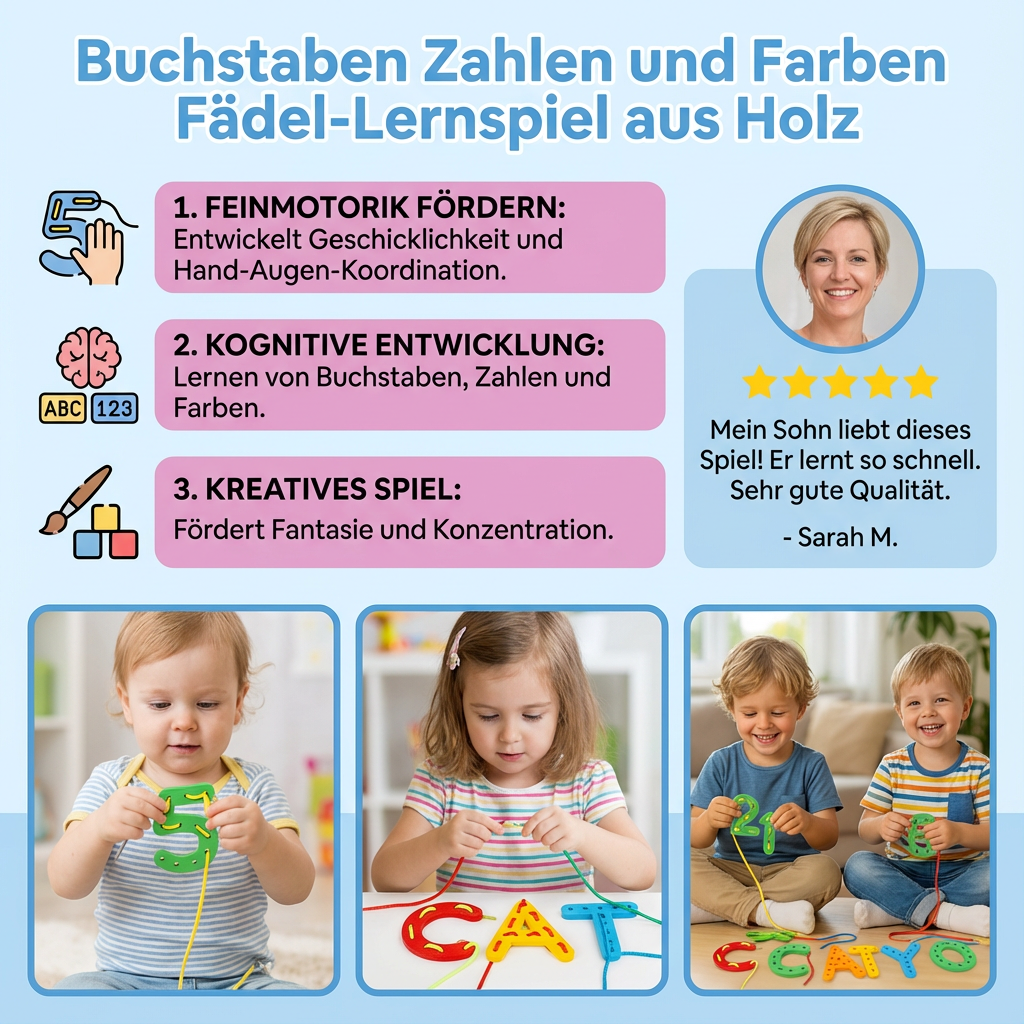 Buchstaben Zahlen und Farben Fädel-Lernspiel aus Holz