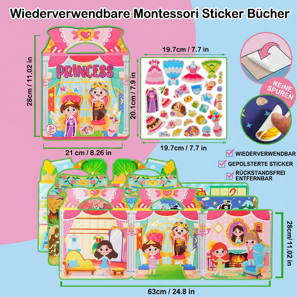 Wiederverwendbare Montessori Sticker Bücher mit verschiedenen Themenwelten