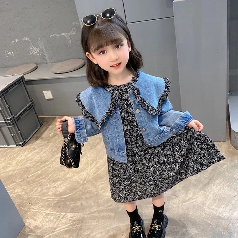 Mädchen Denim Jacke Mit Blumenkleid – Süßes Set Für Kinder Mit Rüschenkragen