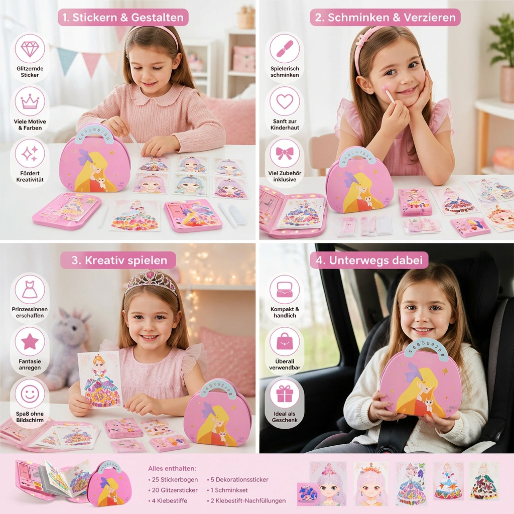 Prinzessin Diamant Sticker & Schminke Bastelset – Glitzer Kreativset für Mädchen