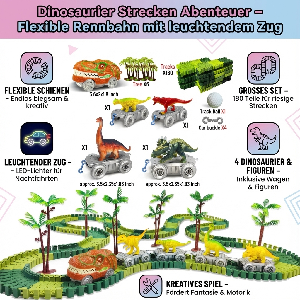 Dinosaurier Strecken Abenteuer – Flexible Rennbahn mit leuchtendem Zug