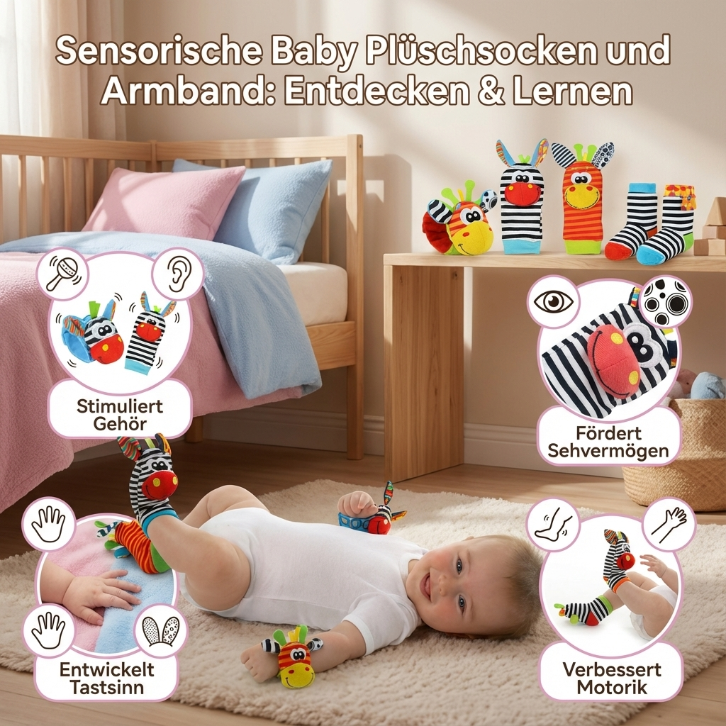 Sensorische Baby Plüschsocken und Armband