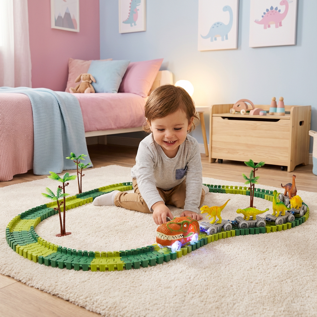 Dinosaurier Strecken Abenteuer – Flexible Rennbahn mit leuchtendem Zug