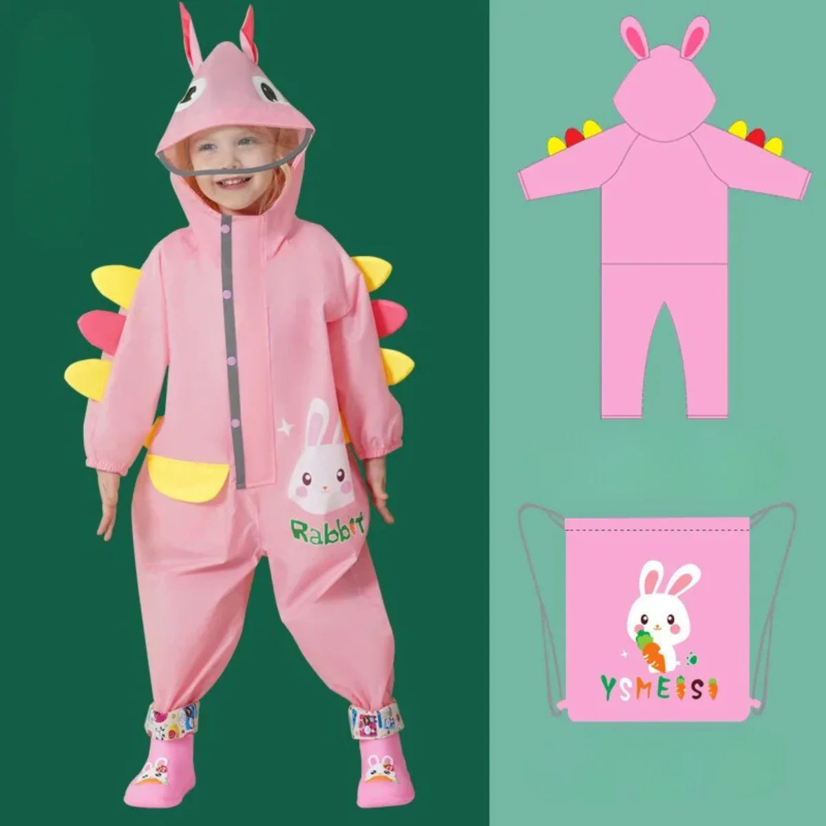 Poncho für Kinder – Regenmantel mit niedlichem Hasen-Design und Dinosaurier-Stacheln