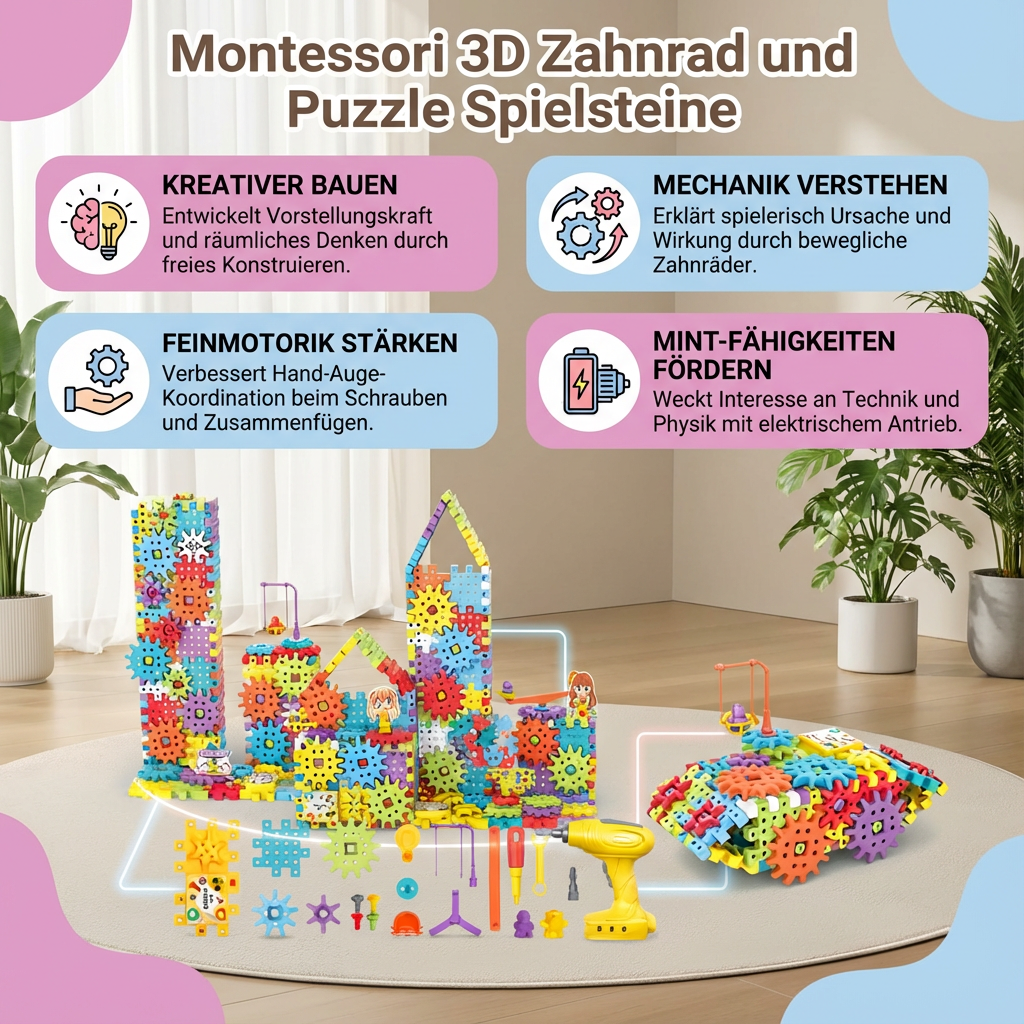 Montessori 3D Zahnrad und Puzzle Spielsteine