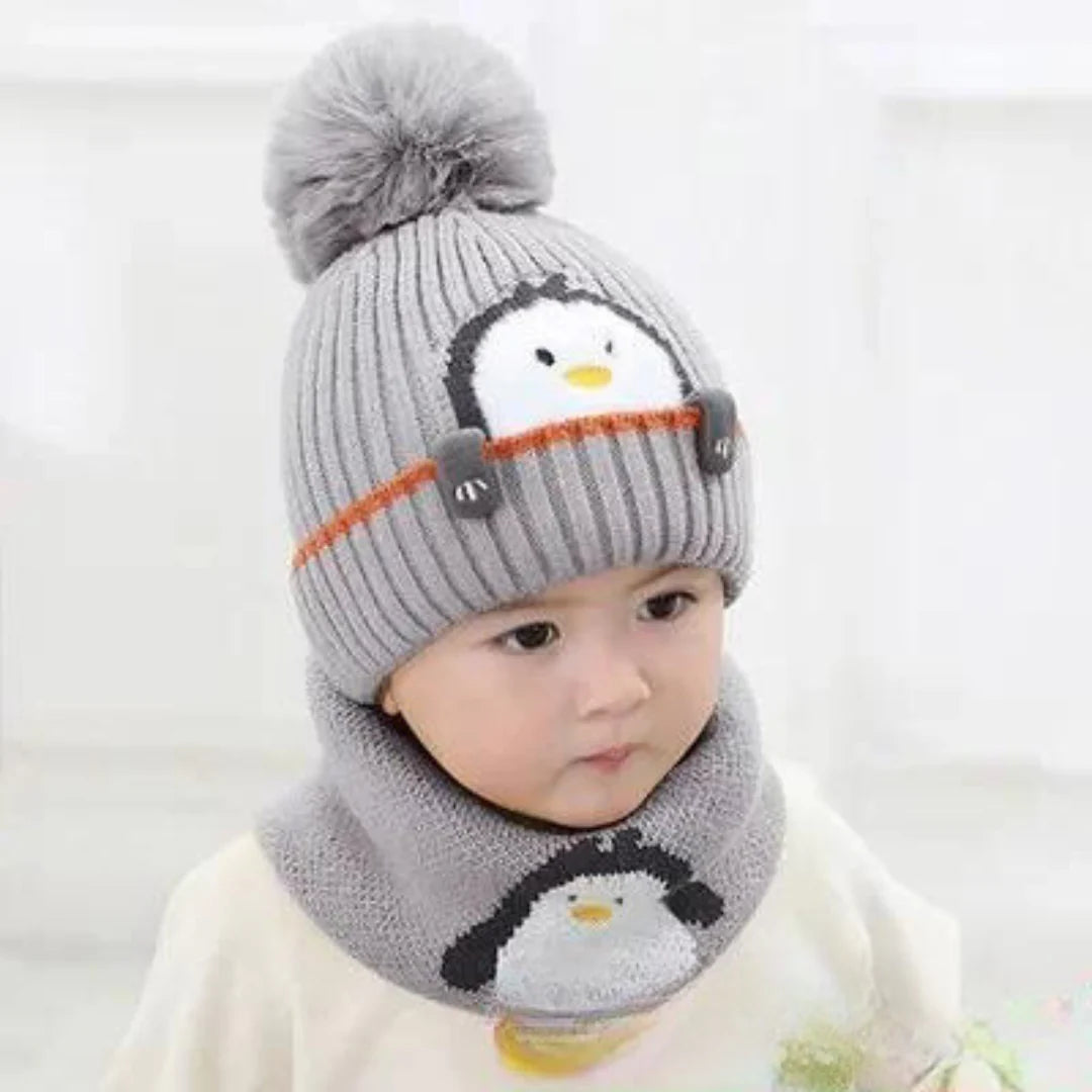 Warmer Pinguin-Look – Strickmütze & Schal-Set für Kinder