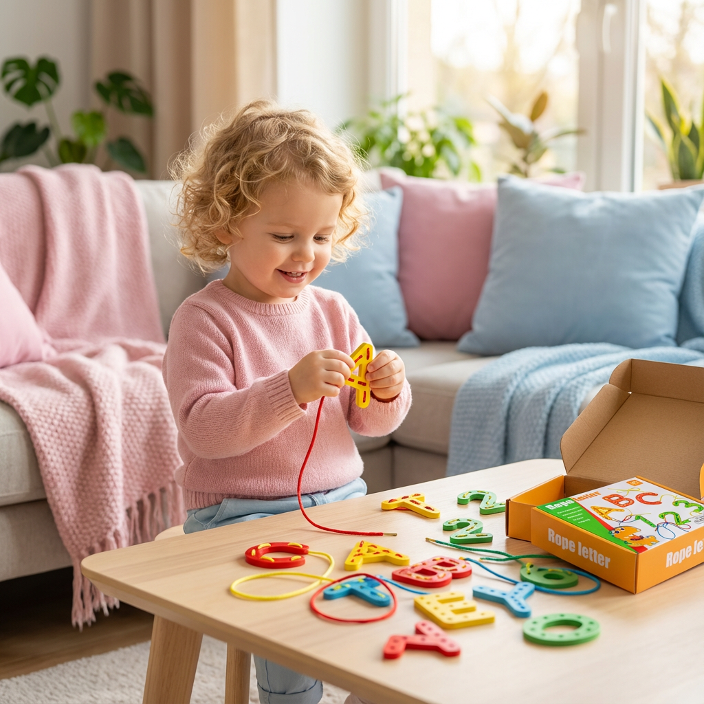 Buchstaben Zahlen und Farben Fädel-Lernspiel aus Holz