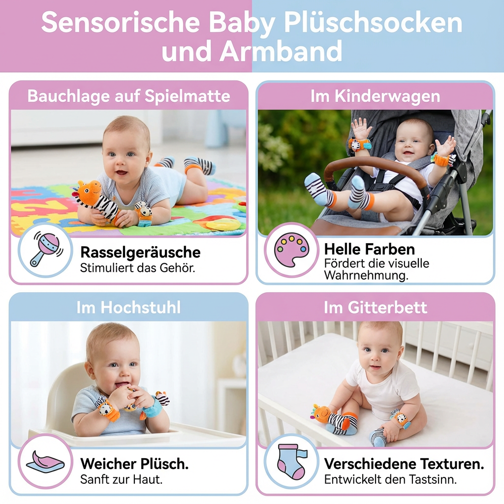 Sensorische Baby Plüschsocken und Armband