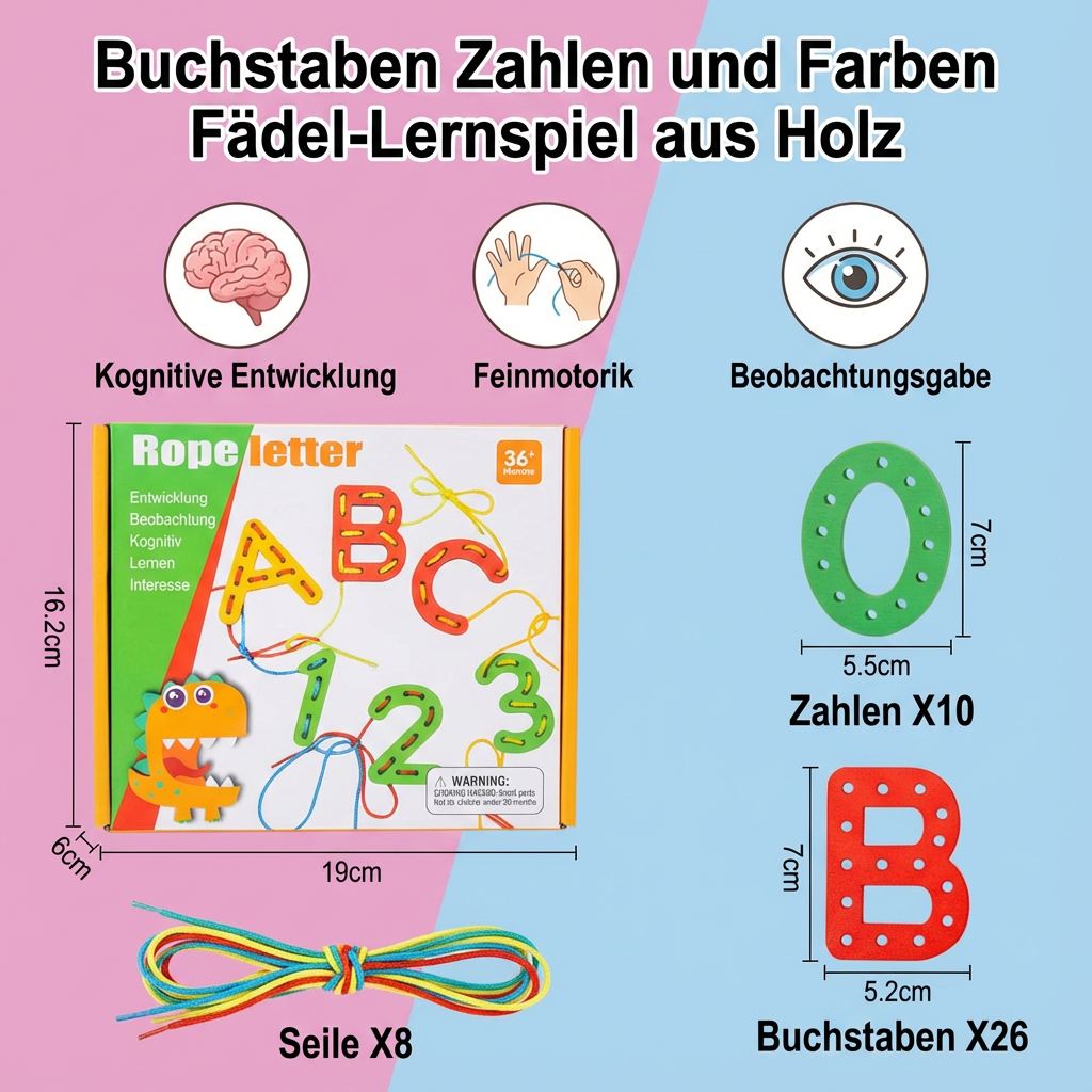 Buchstaben Zahlen und Farben Fädel-Lernspiel aus Holz