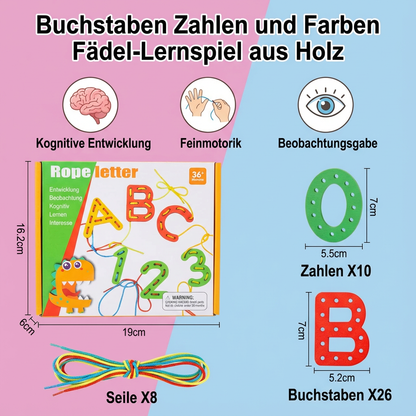 Buchstaben Zahlen und Farben Fädel-Lernspiel aus Holz