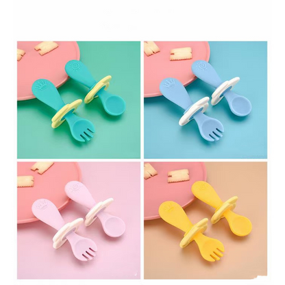 Baby Besteck Set aus Silikon – Lernlöffel & Gabel mit Sicherheitsring für Kleinkinder