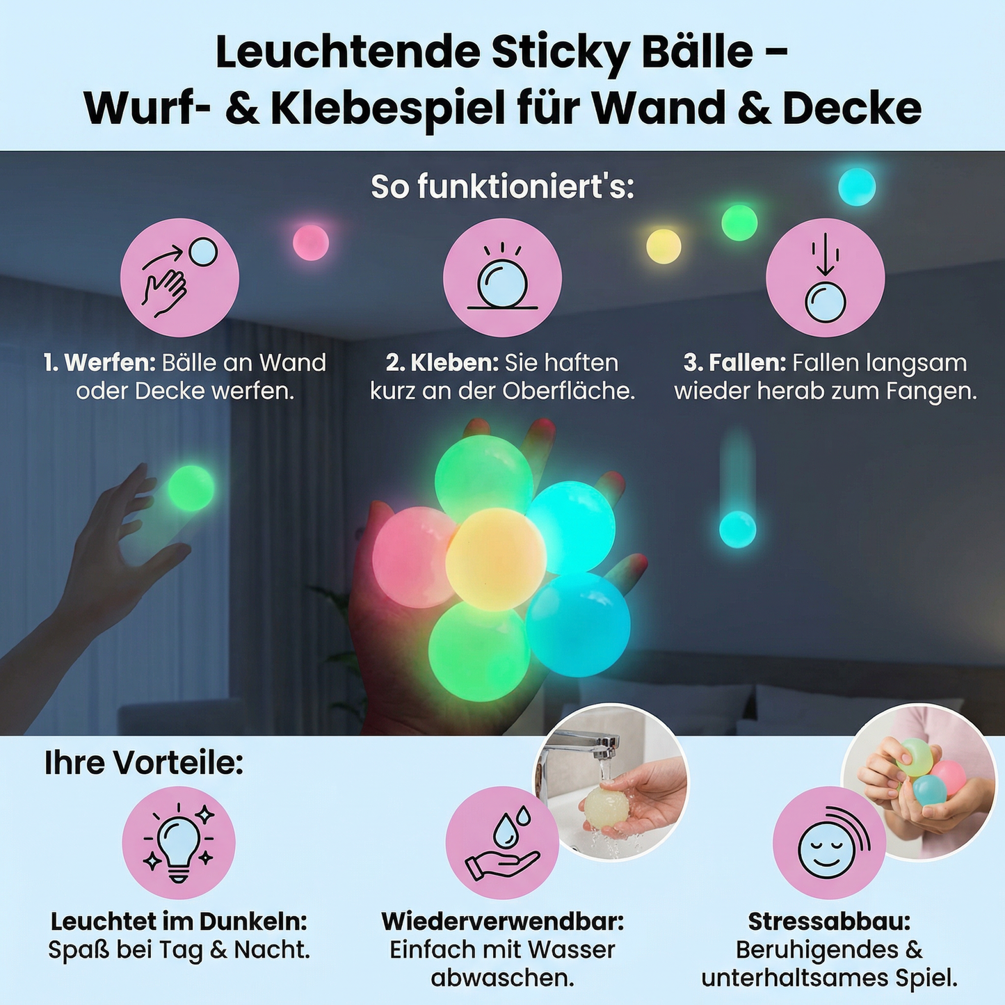 Leuchtende Sticky Bälle – Wurf- & Klebespiel für Wand & Decke