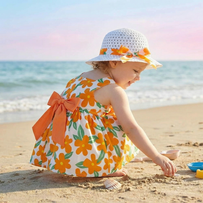 Sommerliches Trägerkleid Set für Baby- & Kleinkinder – Ärmelloses Kleid mit Schleife und Hut