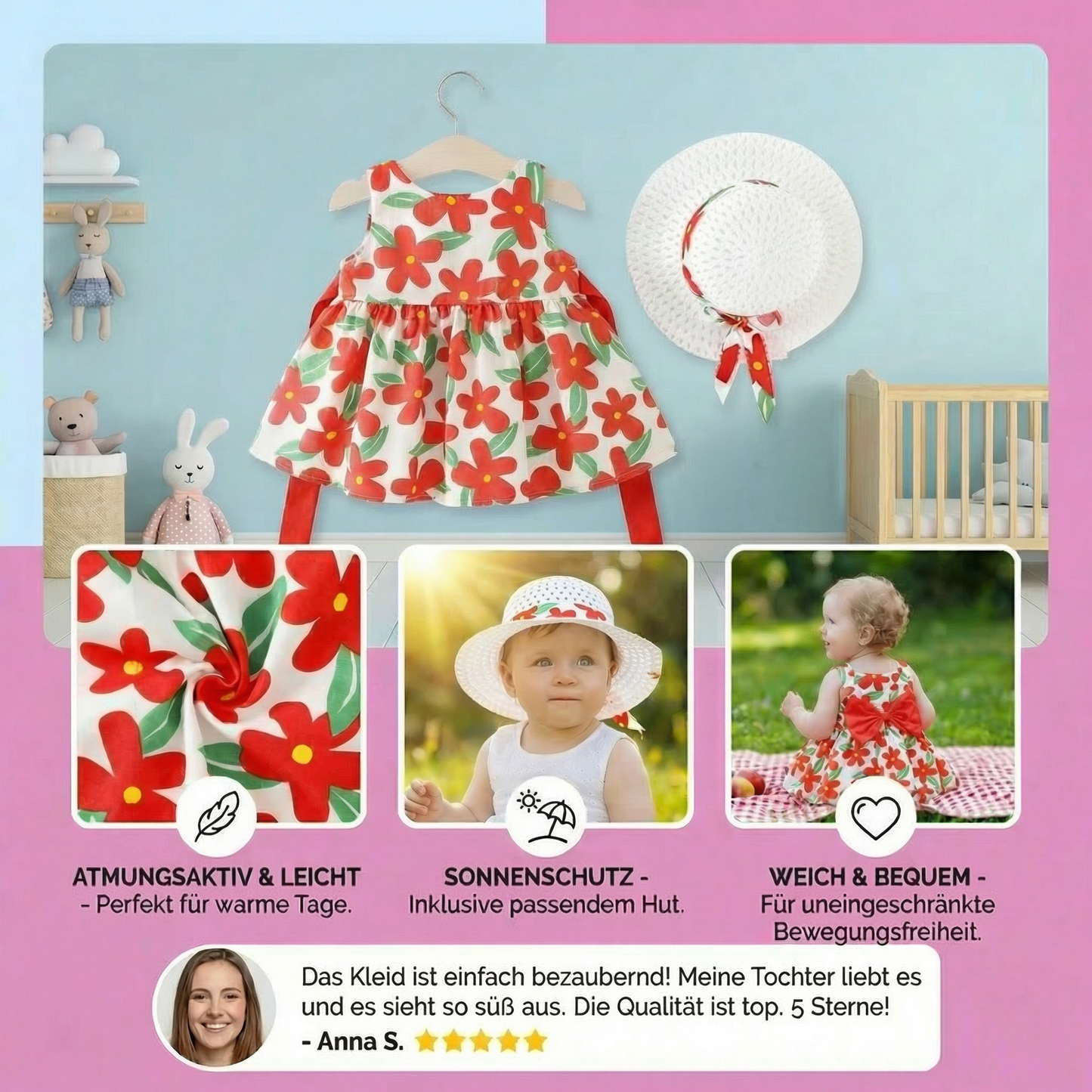 Sommerliches Trägerkleid Set für Baby- & Kleinkinder – Ärmelloses Kleid mit Schleife und Hut