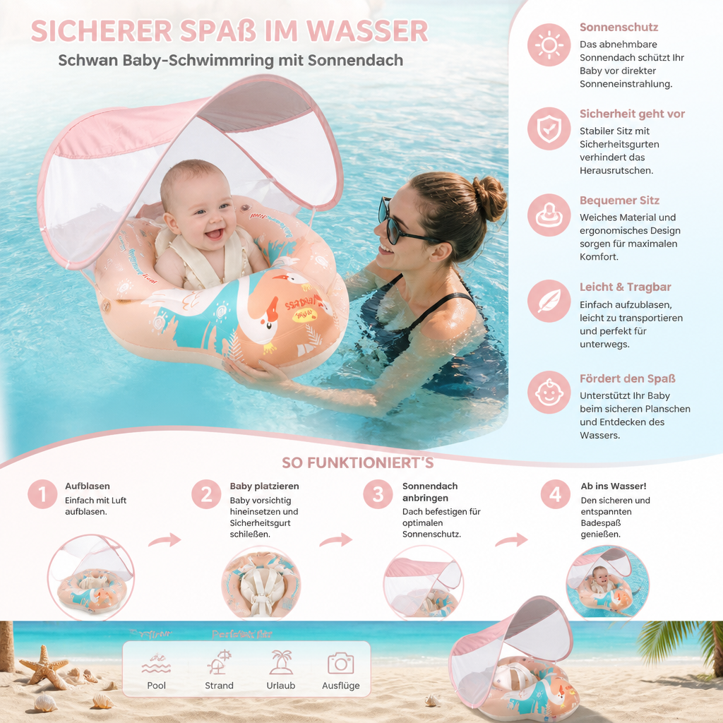 Schwan Baby-Schwimmring mit Sonnendach – Aufblasbarer Sitzring für sicheren Badespaß