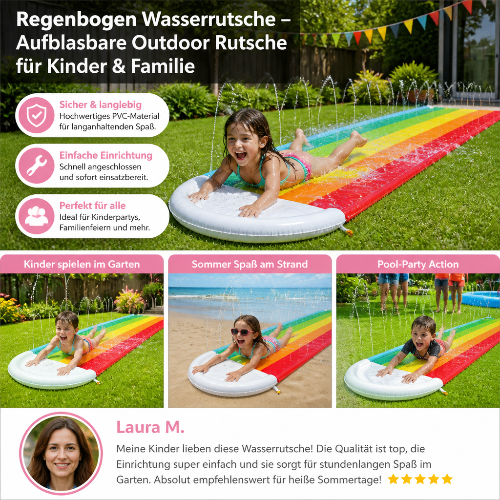 Regenbogen Wasserrutsche – Aufblasbare Outdoor Rutsche für Kinder & Familie