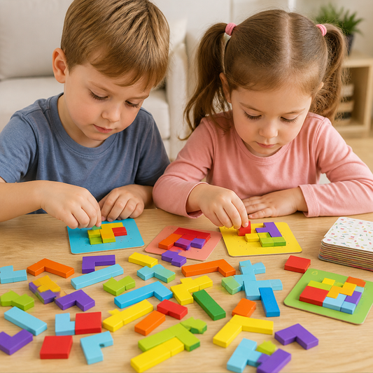Familienspiel: Holzpuzzle zum Zuordnen von Formen