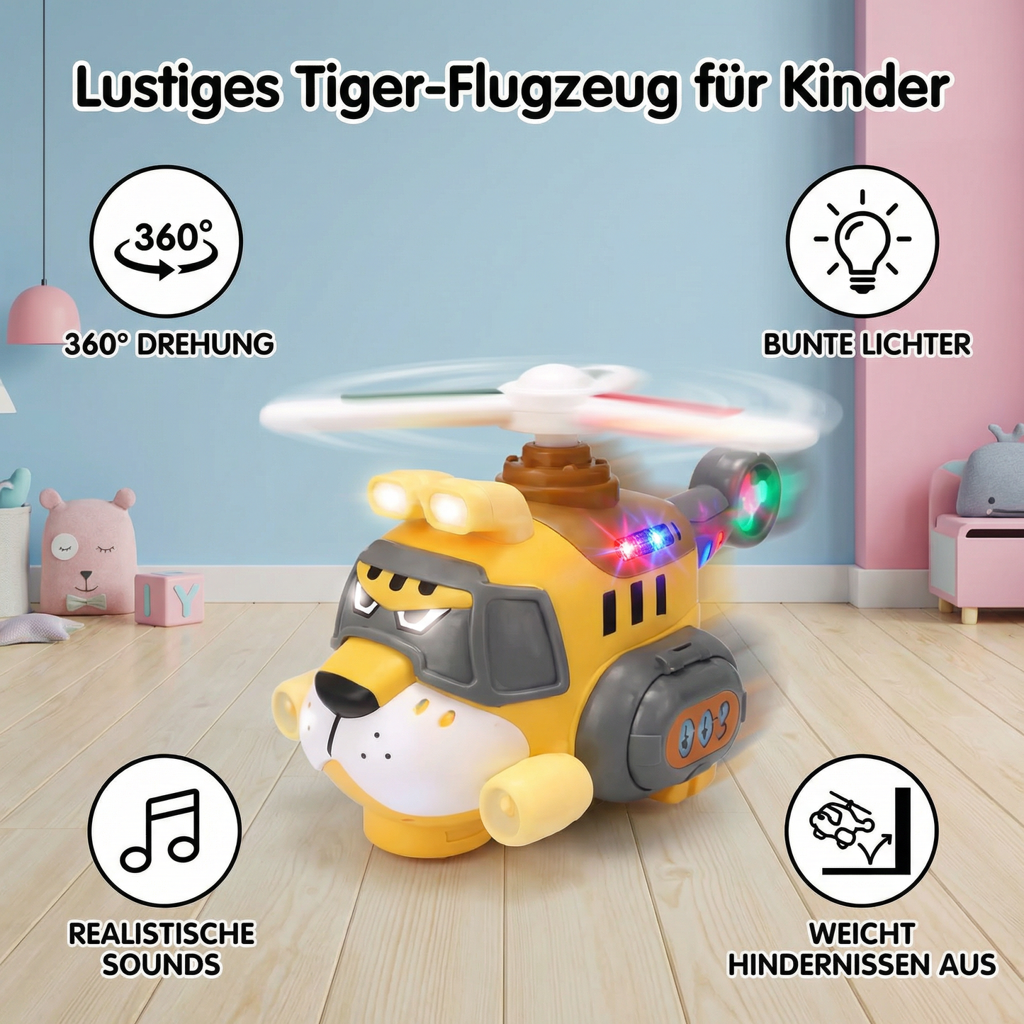 Lustiges Tiger-Flugzeug für Kinder – Spielzeug mit 360° Drehfunktion, Licht & Sound