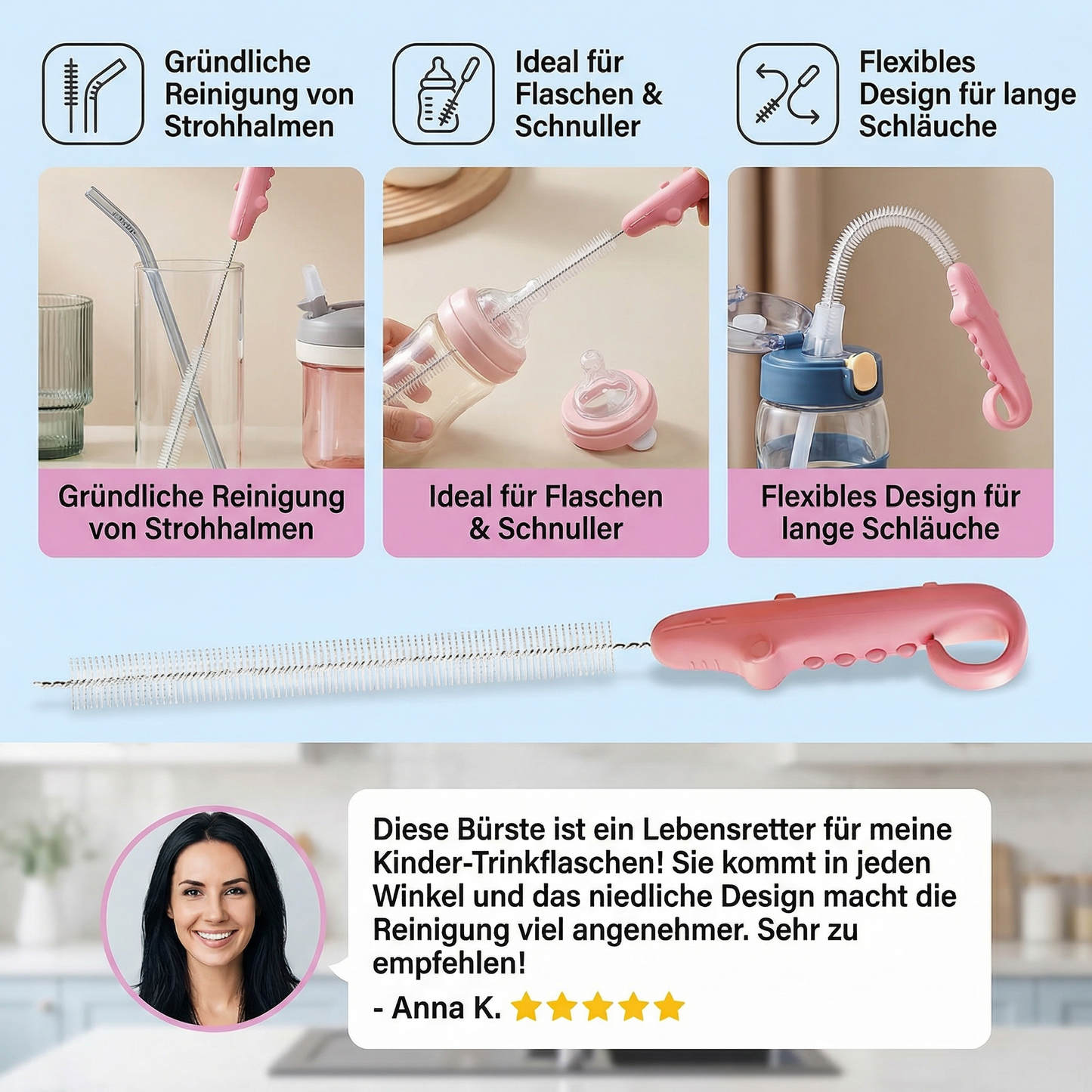 Flexible Strohhalm-Reinigungsbürste – Langer Schlauchreiniger für Flaschen, Schnuller & Trinkbecher