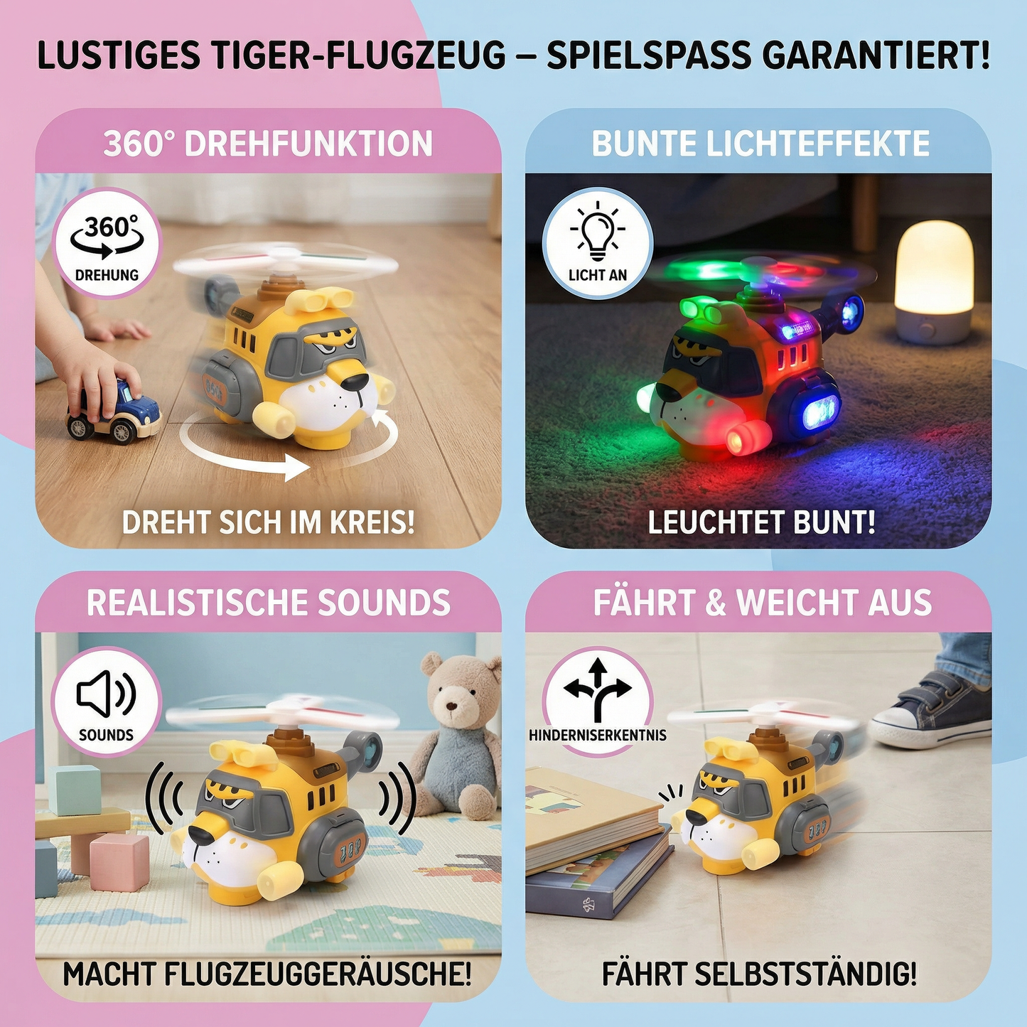 Lustiges Tiger-Flugzeug für Kinder – Spielzeug mit 360° Drehfunktion, Licht & Sound