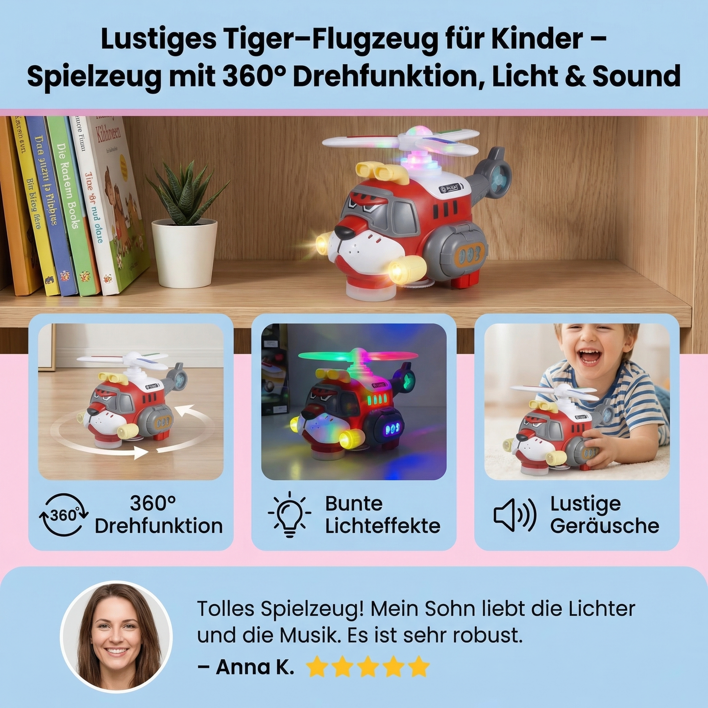 Lustiges Tiger-Flugzeug für Kinder – Spielzeug mit 360° Drehfunktion, Licht & Sound