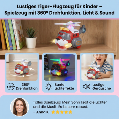 Lustiges Tiger-Flugzeug für Kinder – Spielzeug mit 360° Drehfunktion, Licht & Sound