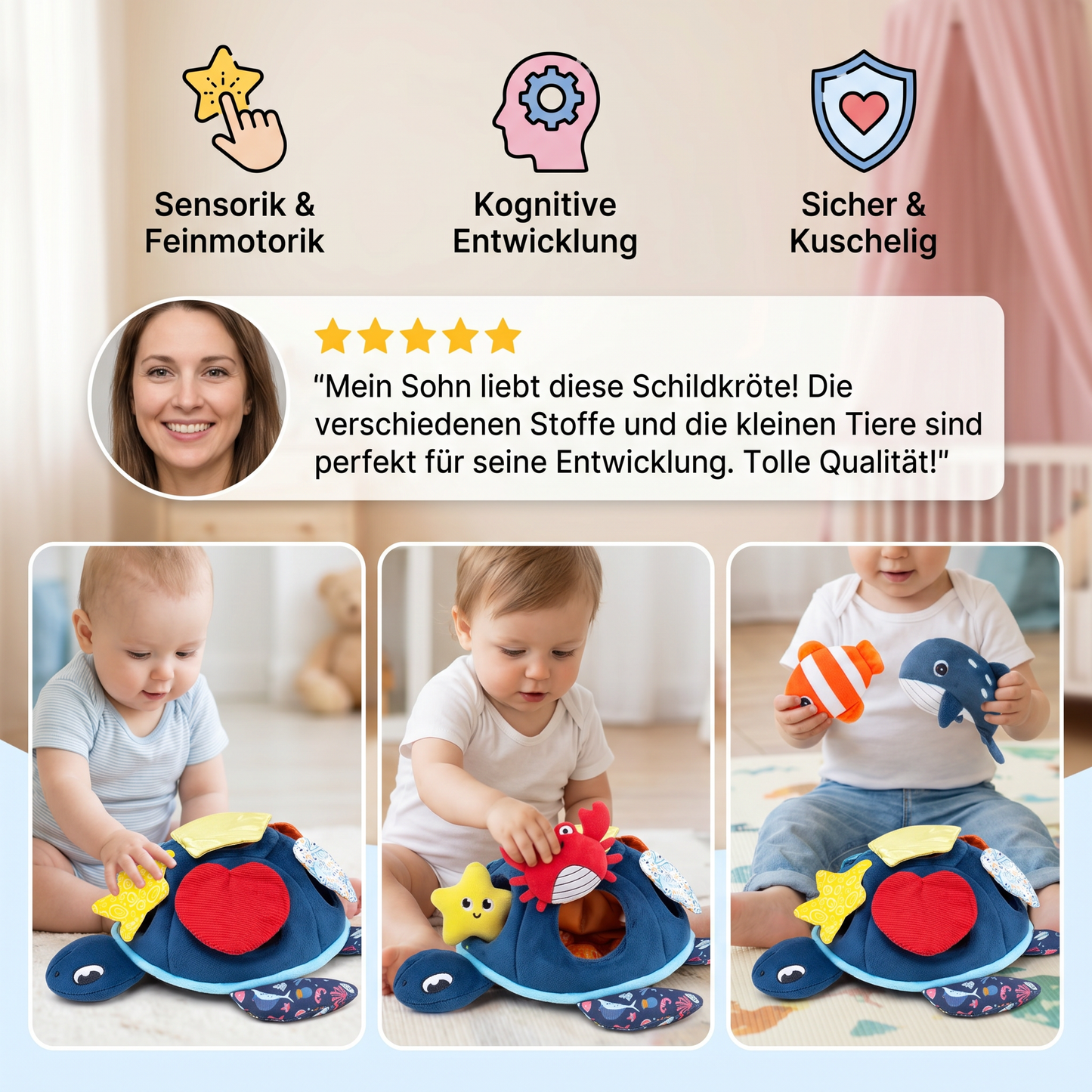 Montessori Schildkröten Entdecker-Spielzeug – Weiches Sensorik-Stoffspiel für Babys