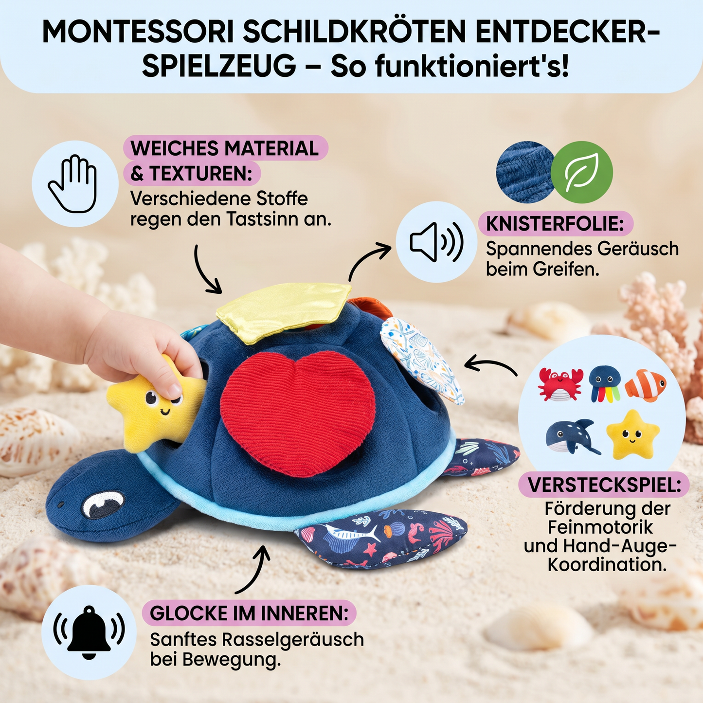 Montessori Schildkröten Entdecker-Spielzeug – Weiches Sensorik-Stoffspiel für Babys