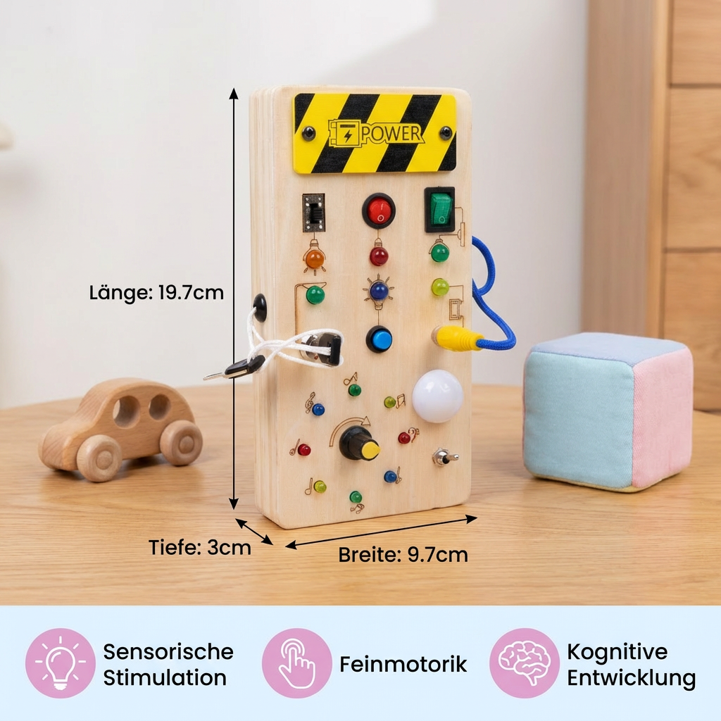 Montessori Sensorik Brett aus Holz mit Licht & Schaltern – Motorikspielzeug für Kinder