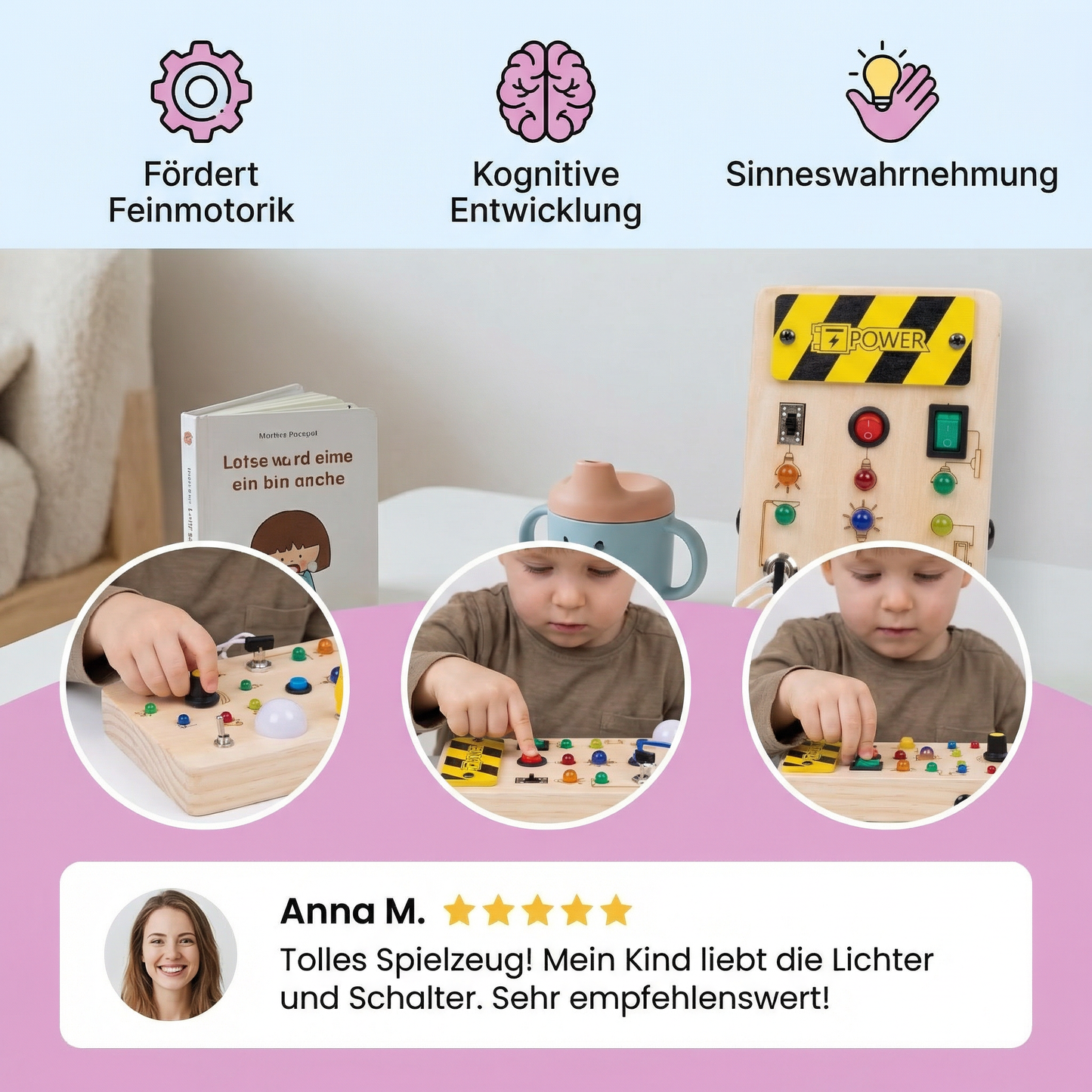 Montessori Sensorik Brett aus Holz mit Licht & Schaltern – Motorikspielzeug für Kinder