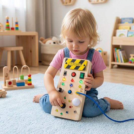 Montessori Sensorik Brett aus Holz mit Licht & Schaltern – Motorikspielzeug für Kinder