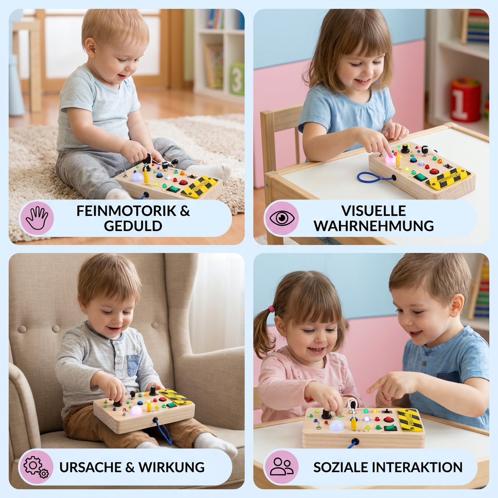 Montessori Sensorik Brett aus Holz mit Licht & Schaltern – Motorikspielzeug für Kinder