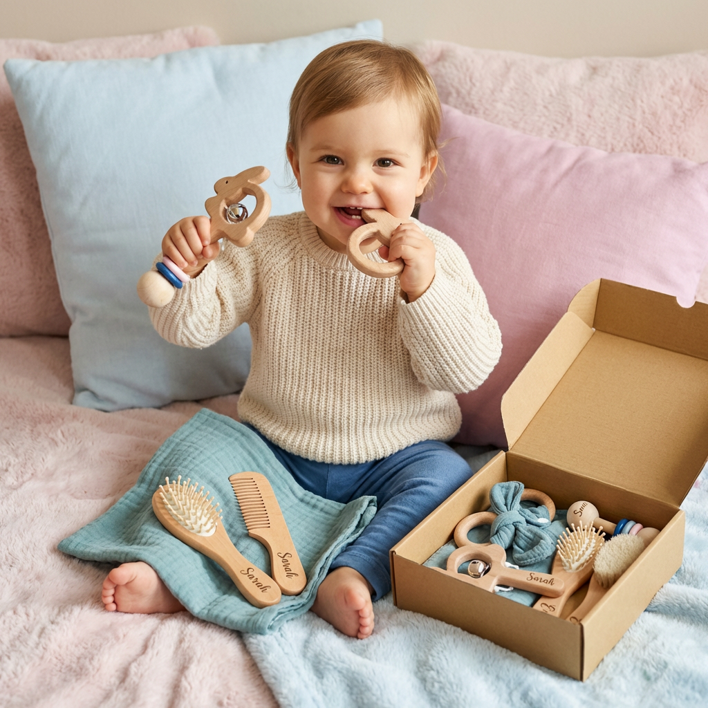 Personalisiertes 6-teiliges Geschenkset aus Holz & Musselin – Beißringe, Rasseln, Haarbürsten & Kuscheltuch mit Namen