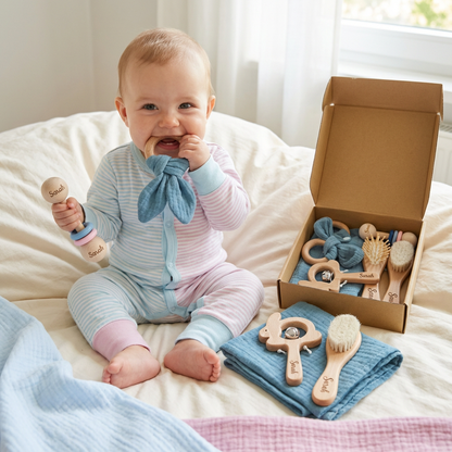 Personalisiertes 6-teiliges Geschenkset aus Holz & Musselin – Beißringe, Rasseln, Haarbürsten & Kuscheltuch mit Namen