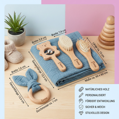 Personalisiertes 6-teiliges Geschenkset aus Holz & Musselin – Beißringe, Rasseln, Haarbürsten & Kuscheltuch mit Namen