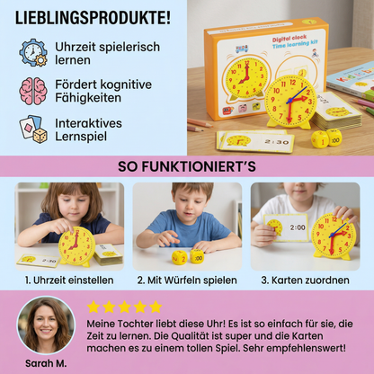 Lernuhr für Kinder – Interaktives Uhrzeit Lernspiel mit Karten & Würfeln
