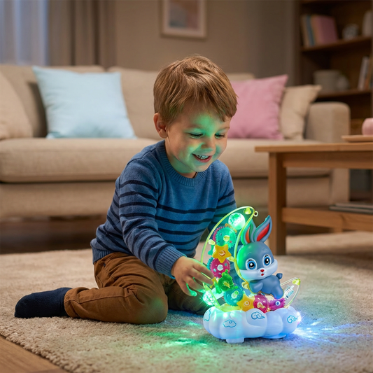 Leuchtendes Mond-Häschen Spielzeug – Transparent mit Zahnrädern, Musik & LED-Licht