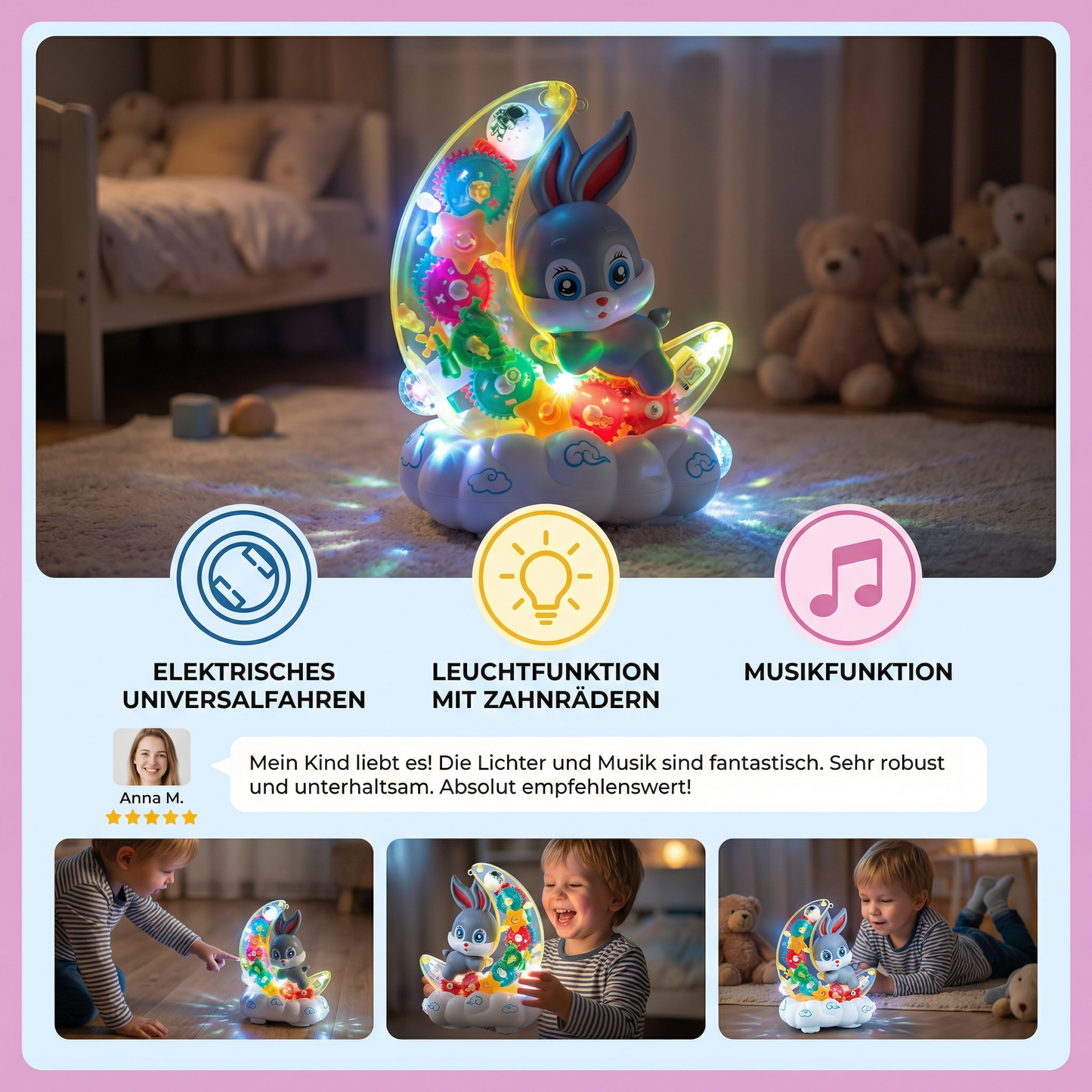 Leuchtendes Mond-Häschen Spielzeug – Transparent mit Zahnrädern, Musik & LED-Licht