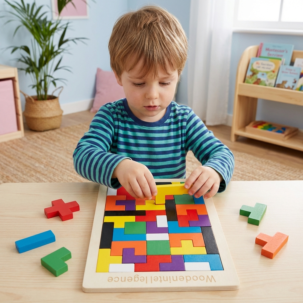 Pädagogisches Holz Tangram Puzzle – Farbenfrohes Montessori Lernspiel für Kinder