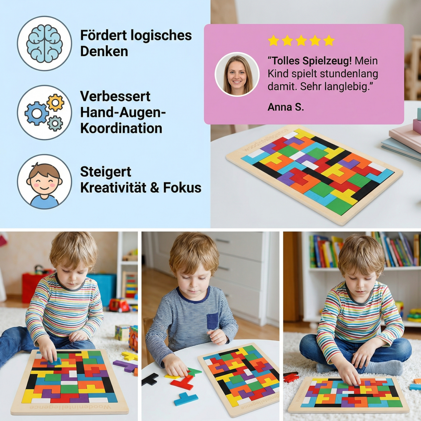 Pädagogisches Holz Tangram Puzzle – Farbenfrohes Montessori Lernspiel für Kinder