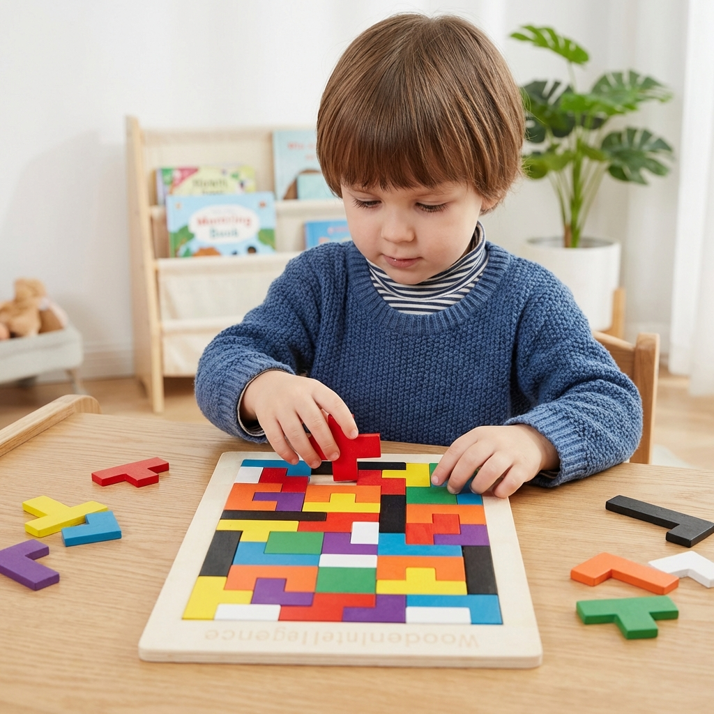 Pädagogisches Holz Tangram Puzzle – Farbenfrohes Montessori Lernspiel für Kinder