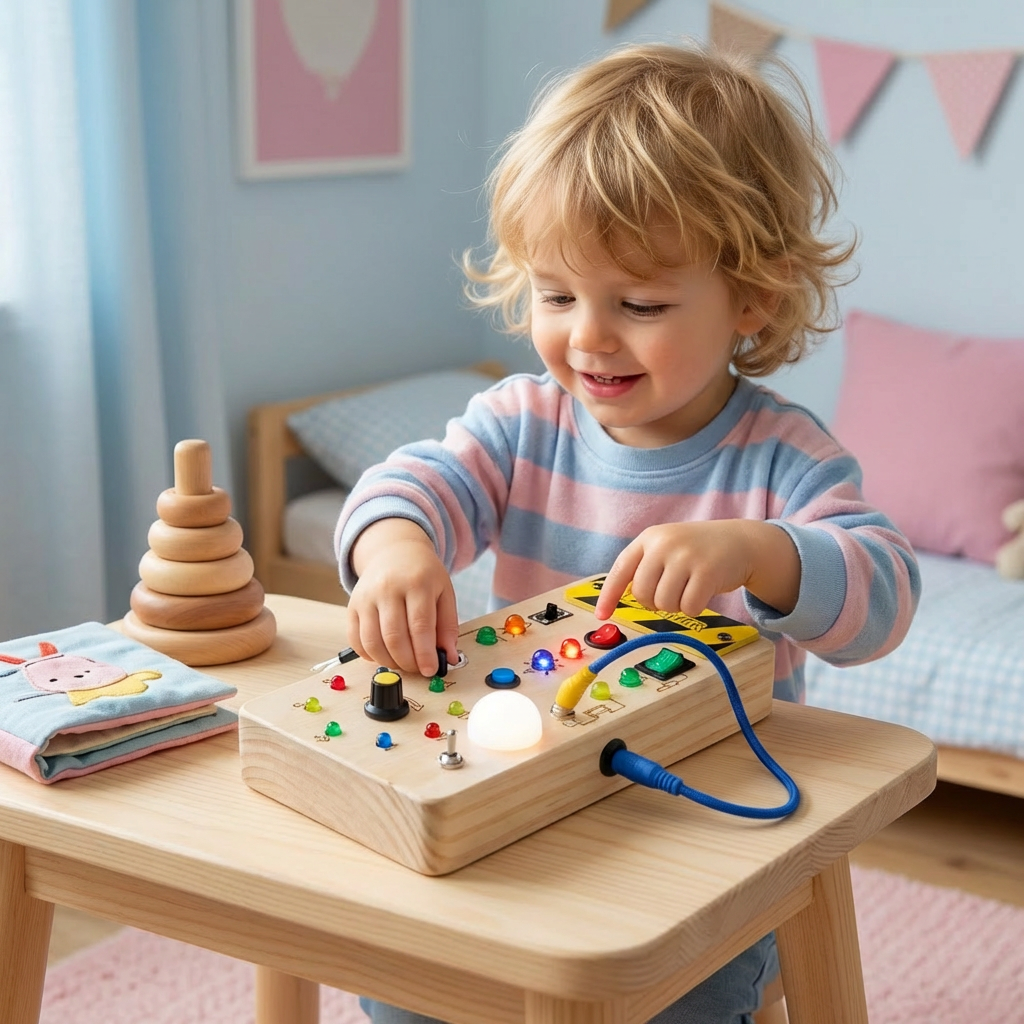 Montessori Sensorik Brett aus Holz mit Licht & Schaltern – Motorikspielzeug für Kinder