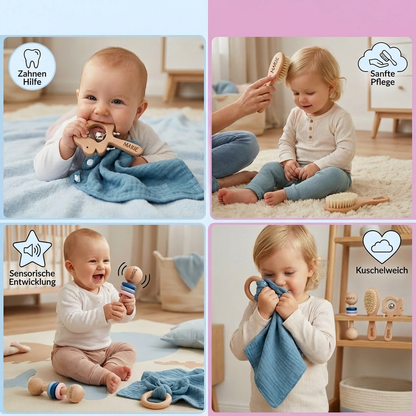 Personalisiertes 6-teiliges Geschenkset aus Holz & Musselin – Beißringe, Rasseln, Haarbürsten & Kuscheltuch mit Namen