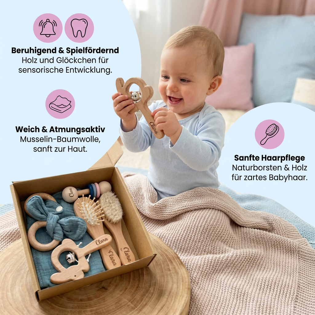 Personalisiertes 6-teiliges Geschenkset aus Holz & Musselin – Beißringe, Rasseln, Haarbürsten & Kuscheltuch mit Namen