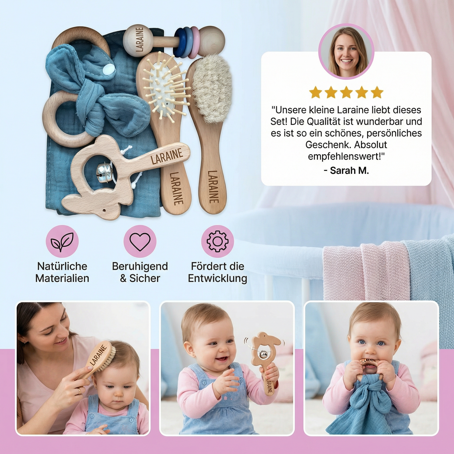 Personalisiertes 6-teiliges Geschenkset aus Holz & Musselin – Beißringe, Rasseln, Haarbürsten & Kuscheltuch mit Namen