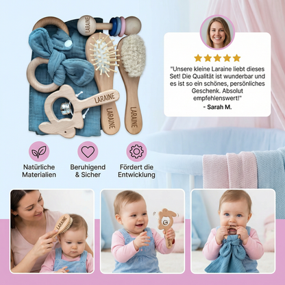 Personalisiertes 6-teiliges Geschenkset aus Holz & Musselin – Beißringe, Rasseln, Haarbürsten & Kuscheltuch mit Namen